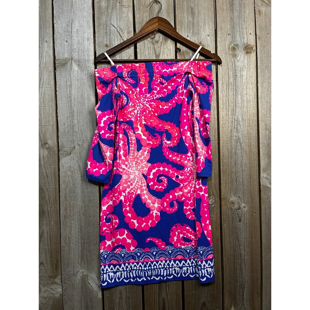 Lilly Pulitzer Pink Blue Octopus Print Off Shoulder Dress XS 30590